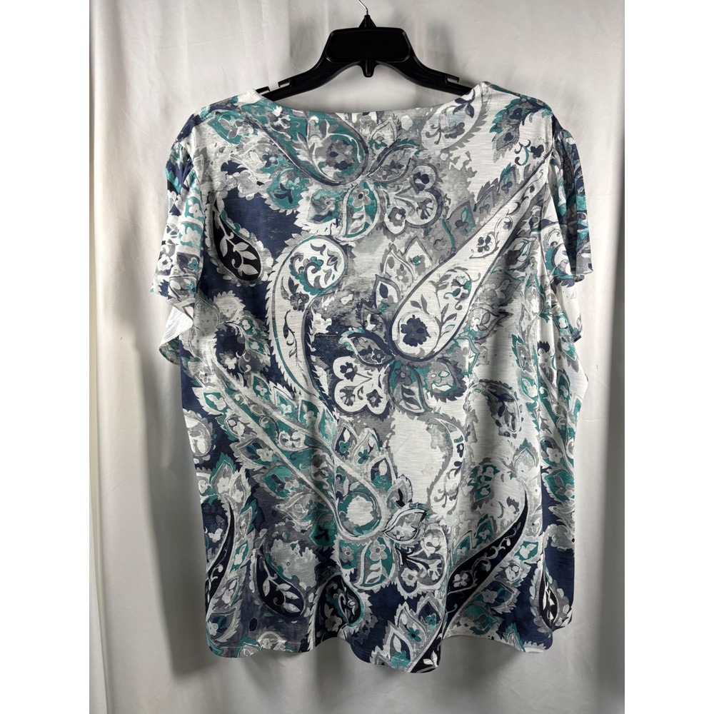Terra & Sky Womens 2X Plus Paisley V-Neck Top Blue Teal Rhinestone Short Sleeve - Picture 4 of 4